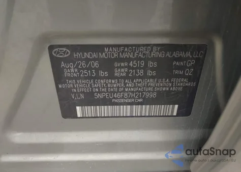 2007 Hyundai Sonata Limited/Se V6 из США, поврежденный, VIN 5NPEU46F87H217998